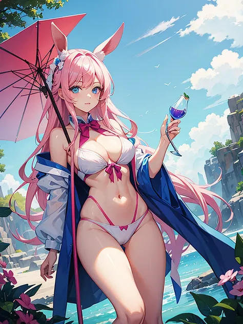 Woman and rabbit hybrid, with blue eyes, pink  hair , in a white bikini, holding an oriental umbrella, the setting is oriental 