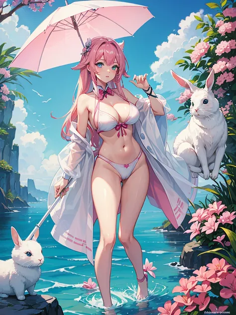 Woman and rabbit hybrid, with blue eyes, pink  hair , in a white bikini, holding an oriental umbrella, the setting is oriental 