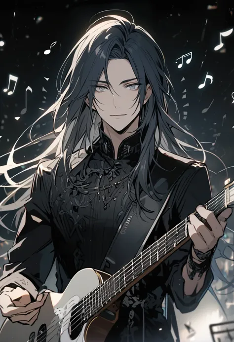 male, handsome, parted bang, long hair, navy hair, musician, gray eyes, music notes, grey eyes, main face, front face