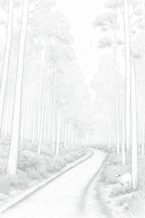 ((vlineart,B&W minimalist pencil drawing)), a sheep, (no lines inside), ((sketch style)), ((coloring book)), simple lines, background forest, ((no shading))