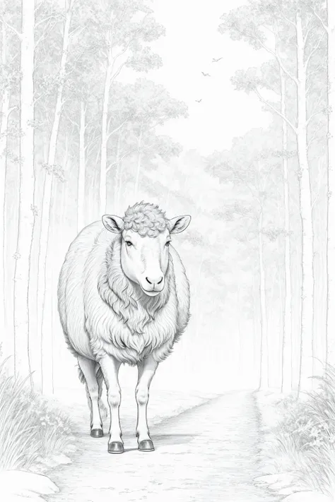 ((vlineart,B&W minimalist pencil drawing)), a sheep, (no lines inside), ((sketch style)), ((coloring book)), simple lines, background forest, ((no shading))