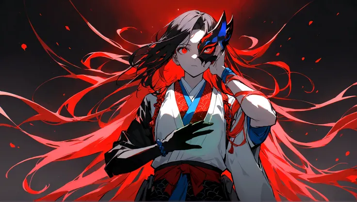 In the image, there is an anime character set against a dark background with red glowing particles. The character has striking red eyes that emit an intense glow. They are wearing a mask with a red upper part and a black lower part. Their hair is black wit...