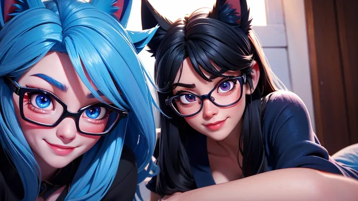 Black hair wolf ears。Blue Silk Dress。Red Glasses。Blue pupil。Smiling, looking up, blushing beautiful girl。Peeping Pose。cleavage close-up