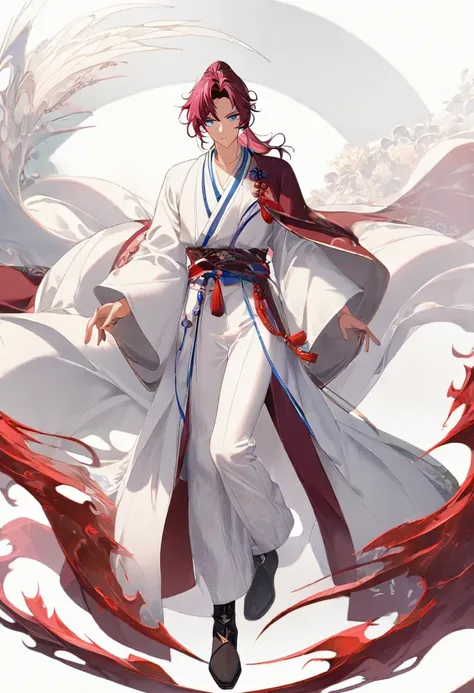 (1 boy:1.5), (burgundy color hair:1.2), (Beautiful Eyes), Detailed face, Graceful features, Dreamy Style, China_ High Ponytail, China_Hanfu, Taoist Robe, (Blue and white outfit:1.5), Ornate Robe, Towards the boots, Digital Art, White background, Simple Bac...