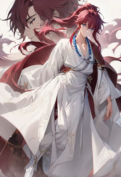 (1 boy:1.5), (burgundy color hair:1.2), (Beautiful Eyes), Detailed face, Graceful features, Dreamy Style, China_ High Ponytail, China_Hanfu, Taoist Robe, (Blue and white outfit:1.5), Ornate Robe, Towards the boots, Digital Art, White background, Simple Bac...