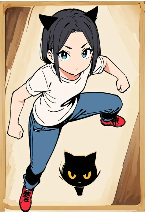 (Thick painting style),Thick line drawing, ((masterpiece,)),(((Highest quality))),sketch,((Adult women in their 20s)),Short black hair,Black cat ears,A plain white T-shirt,jeans,((Face from above,Character Portrait,Full Art,Dynamic pose,whole body)),flat c...