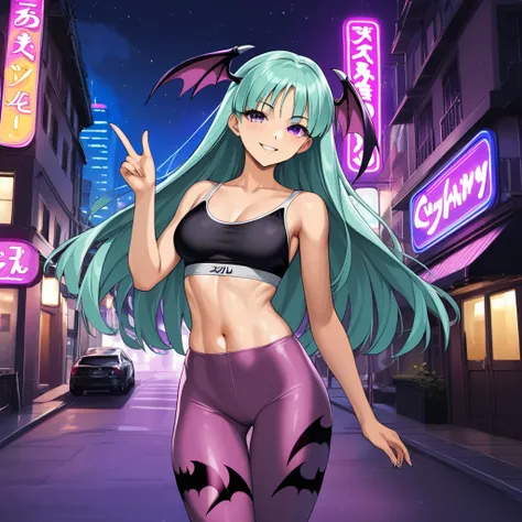 score_9, score_6_up, source_anime, rooftops, night city, neon lights, slim body, Slender legs, slim hourglass figure body type, average breasts size, ((purple_multicolor_hair)), purple_eyes, [[[Morrigan_Aensland]]], black sports bra, black yoga pants, sedu...