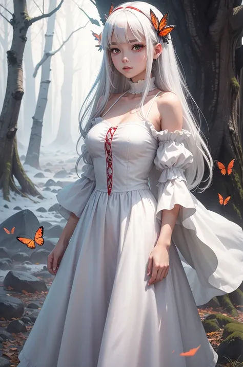 Adult girl with white hair, with red eyes. In a long white dress. Standing in the winter forest, surrounded by red butterflies. 