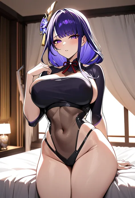 Raiden Shogun, purple hair, hair ornament,  wide hips, sexy, big breasts, bedroom, masterpiece, high quality, highres, random clothes, posing