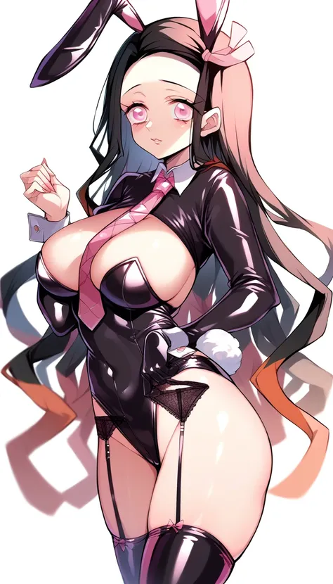 score_9, score_8_up, source_アニメ,kamado nezuko, black hair, pink eyes, pink hair ribbon, two-tone hair,,stockings,High leg,latex,tie,garter belt,Reverse Bunny Suit,,shame,Big Breasts,