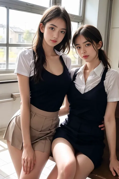 deux femmes ensemble de 18 ans sexy et mince , short sleeve uniforme école, salle de classe, se touche,position sey,sensuel