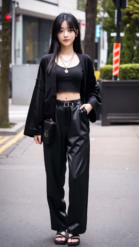 Beautiful Japanese girl wearing a black robe jacket wearing a black shirt and black trousers wearing sandals and a black chopper necklace, showing off her slim stomach, black hair, photo in the city (masterpiece) 8k