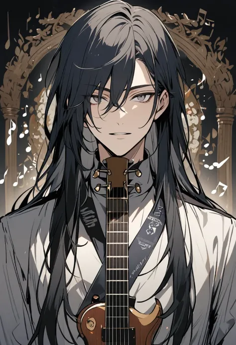 male, handsome, parted bang, long hair, navy hair, musician, gray eyes, music notes, main face, front face