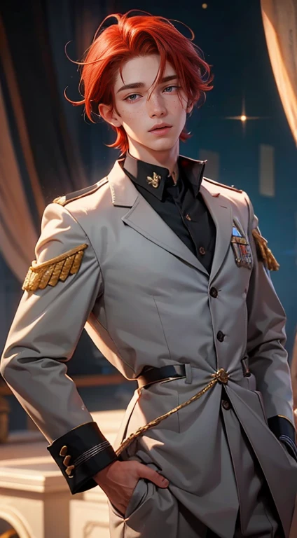 25 YEAR OLD BOY, male, shoulder-length red hair, gray eyes, gray eyes, freckles on the face, Magic Academy uniform dress