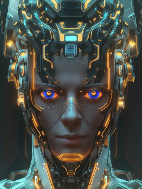 a highly detailed close-up portrait of a futuristic male cyborg android, realistic skin with glowing circuitry, luminous eyes, i...