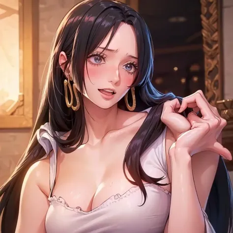 best quality, masterpiece, highly detailed,1girl, Boa Hancock, , (masterpiece:1.5), Detailed Photo, Smiling, Sexy, (8K, Best Quality: 1.4), (1girl), Beautiful Face, (anime realistic Face), (Black Hair, long Hair: 1.3), Beautiful Hairstyle, Realistic eyes, ...