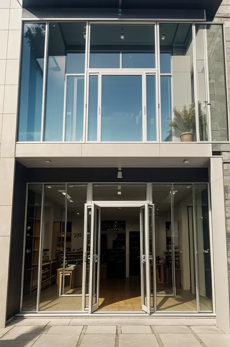 Outside photo of the shop which is in the 90° angle of the building with seamless glass partition and a glass door 