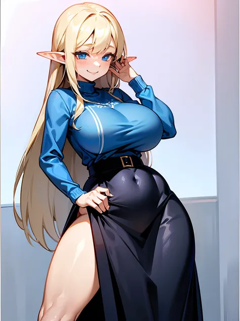 young elf girl, blue eyes, blue Pullover, black long skirt, whole body to see, smiled, excited, moans, blond long hair, sexy pose, big breasts, wide hips