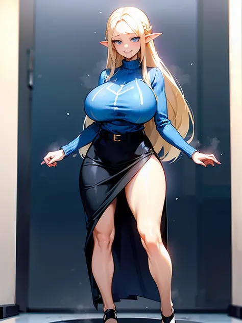 young elf girl, blue eyes, blue Pullover, black long skirt, whole body to see, smiled, excited, moans, blond long hair, sexy pose, big breasts, wide hips