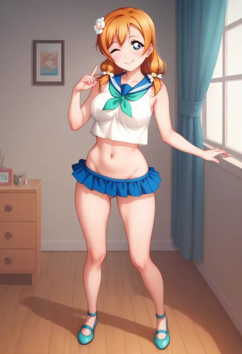 Honoka kousaka love live, blue eyes, orange hair,hair flower, standing black thug, sailor top, sleeveless, breasts, micro skirt, perfect eyes, Perfect iris，Perfect skin，Soft front light，indoors；（pastel colour:1.2),(lipstick:0.8) ,sexy pose,wink, standing, ...