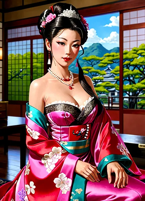 ((top-quality、masutepiece、8K、Top image quality、Highly complex and detailed depictions))、(Describe the upper body of a prostitute:1.5)、Inside the magnificent Doushi mansion from the Meiji era、((the most gorgeous prostitute costumes、the most luxurious and lu...