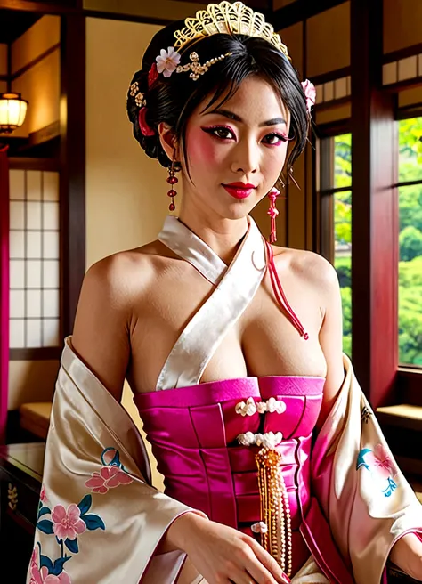 ((top-quality、masutepiece、8K、Top image quality、Highly complex and detailed depictions))、(Describe the upper body of a prostitute:1.5)、Inside the magnificent Doushi mansion from the Meiji era、((the most gorgeous prostitute costumes、the most luxurious and lu...