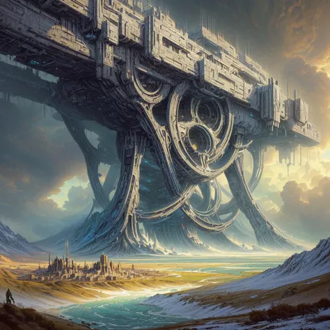 a painting of a futuristic city in the middle of a desert, Science-Fiction-Fantasie-Tapete, symmetrical epic fantasy art, epic Sci-Fi-Fantasy-Art, epische Fantasy-Sci-Fi-Illustration, mystical sci-fi concept art, Science-Fiction-Fantasy-Kunst, Sci-fi fanta...