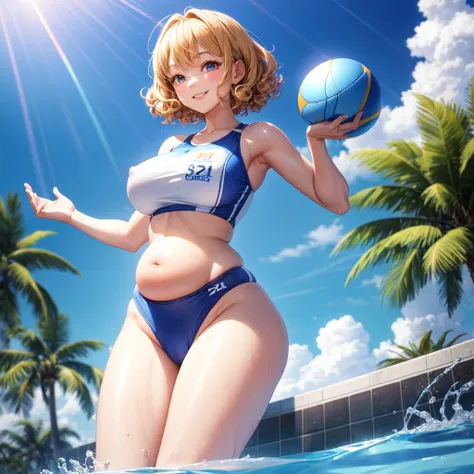 ((Best quality)), ((masterpiece)), (detailed),sports uniforms, athletic body, wide hips, long legs, Large legs, Medium breasts, waist, short hair, curly hair, blonde hair,Beautiful face, bathing suit, Closed suit, wide hips, nipples, pool, front view, smil...