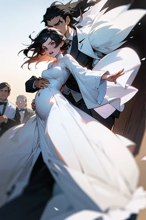 A woman in a wedding dress carrying a pregnant woman while they both run away from an angry mob