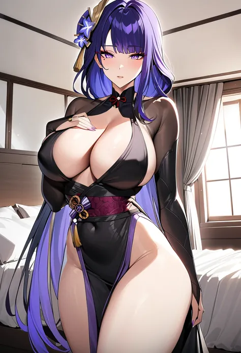 Raiden Shogun, purple hair, hair ornament,  wide hips, sexy, big breasts, bedroom, masterpiece, high quality, highres, random clothes, shenhe outfit, hip vent, posing