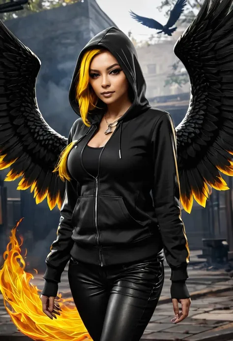 create a background for a free fire guild logo (today is anjos) black hood and wings in the background