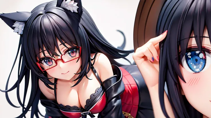 Black hair wolf ears。Blue Silk Dress。Red Glasses。Blue pupil。Smiling, looking up, blushing beautiful girl。Peeping Pose。cleavage close-up