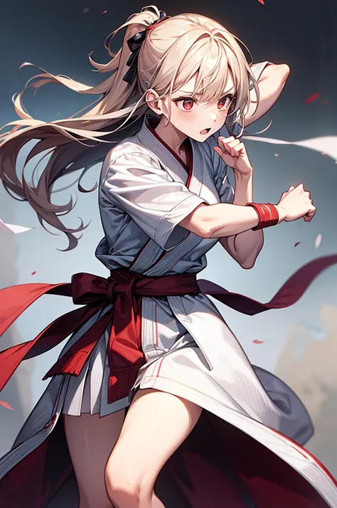 Girl fighting with bare hands、Shoken thrusting in karate、Left hand is placed next to the waist、Standing with your feet wide apart、Angle from the front、Fighting expression、Place your hands in front of your face