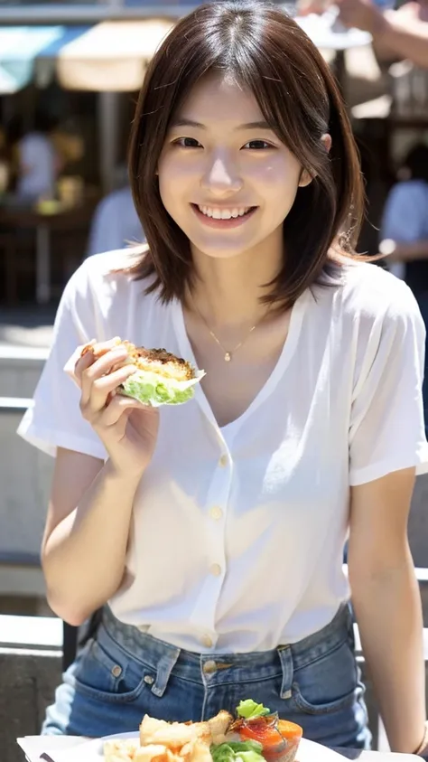 25 years old, Japanese woman, beautiful, smiling, eating lunch, white shirt, ((medium hair)), cool appearance