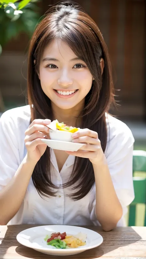 25 years old, Japanese woman, beautiful, smiling, eating lunch, white shirt, ((medium hair)), cool appearance