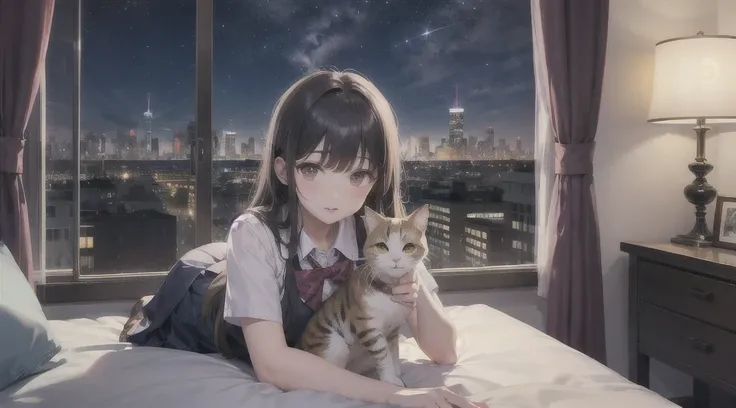 Highest quality（８ｋ）masterpiece、Time is midnight（2.0）Lying on a bed by the window, holding a cute Calico cat（2.0）、Clothing is high school uniform（1.8）The night view can be seen from the window（1.8）、A room in a high-rise apartment with very large windows（1.8...