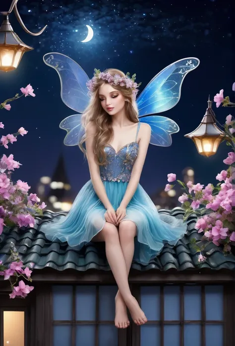 Beautiful fairy gracefully sitting on the roof ((high quality)), beautiful night, sparkling flowers,delicate details, refined details 