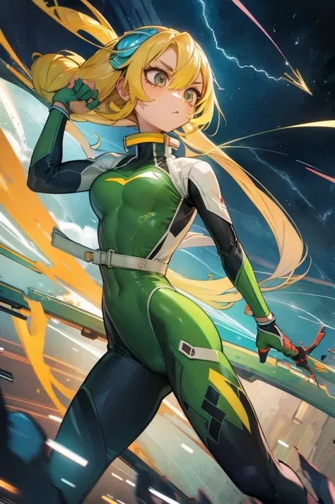 Thunder backdrop, thunder ranger, loli face, small breast, tight suit, speedy thunder, alien weapons , yellow hair