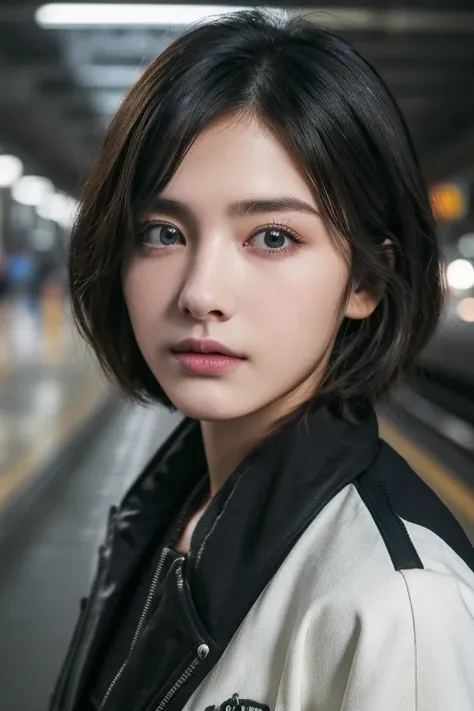 (award winning, 8k, super detailed, high resolution, best quality, photography, portrait), 1girl, solo, beautiful girl, beautiful eyes, detailed eyes, (black eye), jacket, short hair, black hair, at train station, POV, ((upper body))