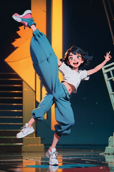 popart style,flat color,Dance,Artistic jump,break dance,Strenuous movements,vibrancy,dance stage is wet,solo,Fluttering hair,Cute Baby,a small face,hason,16yo,Bright smile,half-open mouth,(navy hair,wavy short hair),(Cropped cargo pants,white Tee,platform ...