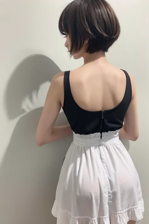 Maid clothes, Short hair, Plain white wall, Hands are not visible behind your back