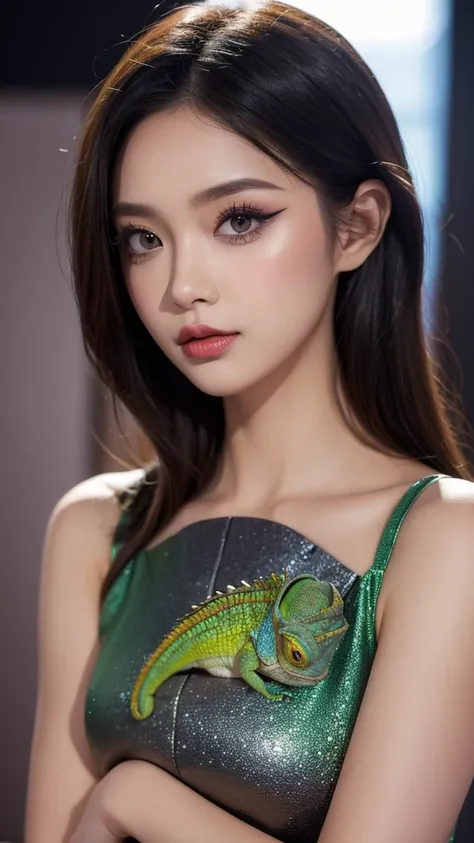 A girl with chameleon-style makeup posing gracefully、It blends in perfectly with the rich texture of Borneo&#39;s lush jungle.。, Demonstrate her uncanny ability to adapt to her surroundings. image, Resembles a museum-quality masterpiece, Vibrant colors and...