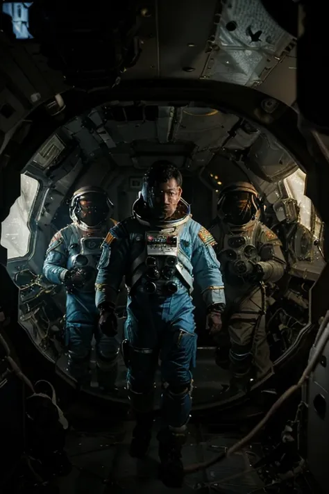 (((he wears an astronaut uniform he is on an uninhabitable planet))), barba,disgusting,60-year-old homens, he walks the moon looking for alien life, In the image we have 2 Astronauts in space uniform piloting a spacecraft, view inside the spacecraft. A hum...