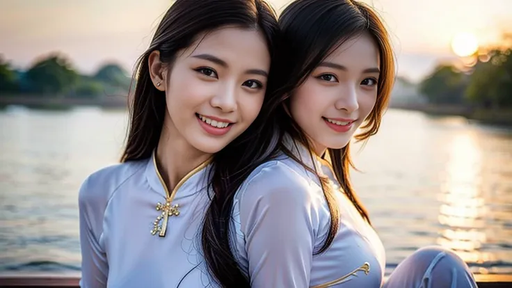 (a beautiful Chinese lady, age 22, wearing Vietnamese traditional dress blue Ao Dai, magnificent Sunset at Vietnams Mekong River, kind expression, dimpled smile, cute snaggle-tooth,  beautiful detailed face, beautiful detailed eyes, ample round bosom, phot...