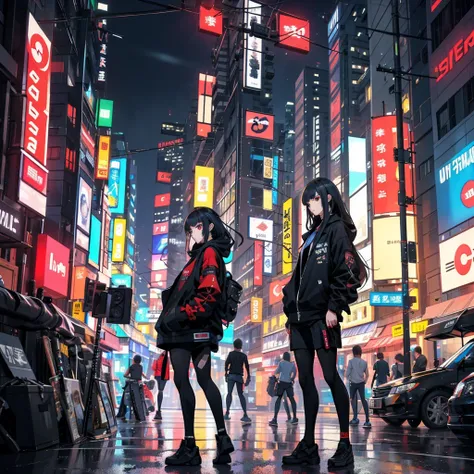 (Better Quality, masterpiece) | Detailed and narrow eyes、Aggressive gaze、cyberpunk style clothing、woman、Rock、Shibuya in the near future、finely、masterpiece