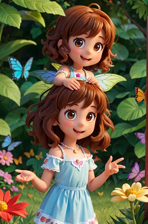 4 year old girl, shoulder length curly hair, brown, olhos brown e brilhantes, happy and smiling, very smart. in a garden with butterflies and fairies