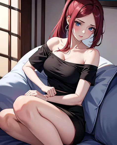 best quality, highres,uzumaki_kushina,Slender、small face、blue eyes、tall、In town、long hair、ponytail,(white short sleeve t-shirt:1.4 BREAK)、(black skirt:1.2)、(beautiful woman:1.5)、25 years old、Mature、midriff peek,(off-the-shoulder:1.3)、(I can see the cleavag...