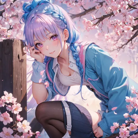 Sky blue hair, (Braided Ponytail),(Pink Eyes),Fair skin ,whole body,(1 Girl),Smile,spring, cherry blossoms, Knee-high socks for school, blazer, Straight bangs,(masterpiece, Highest quality, Super detailed, Best Shadow), (Detailed Background), (Beautifully ...