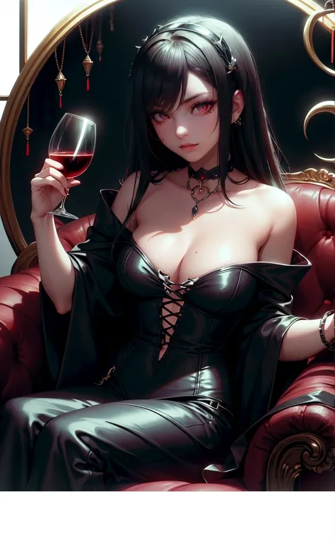 Vampire girl aristocrat sexy gothic black clothes, Bblack hair,, gothic clothes, choker holding a glass of wine, vampire fangs