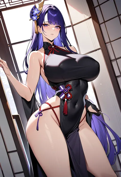 Raiden Shogun, purple hair, hair ornament,  wide hips, sexy, big breasts, bedroom, masterpiece, high quality, highres, random clothes, shenhe outfit, hip vent, posing